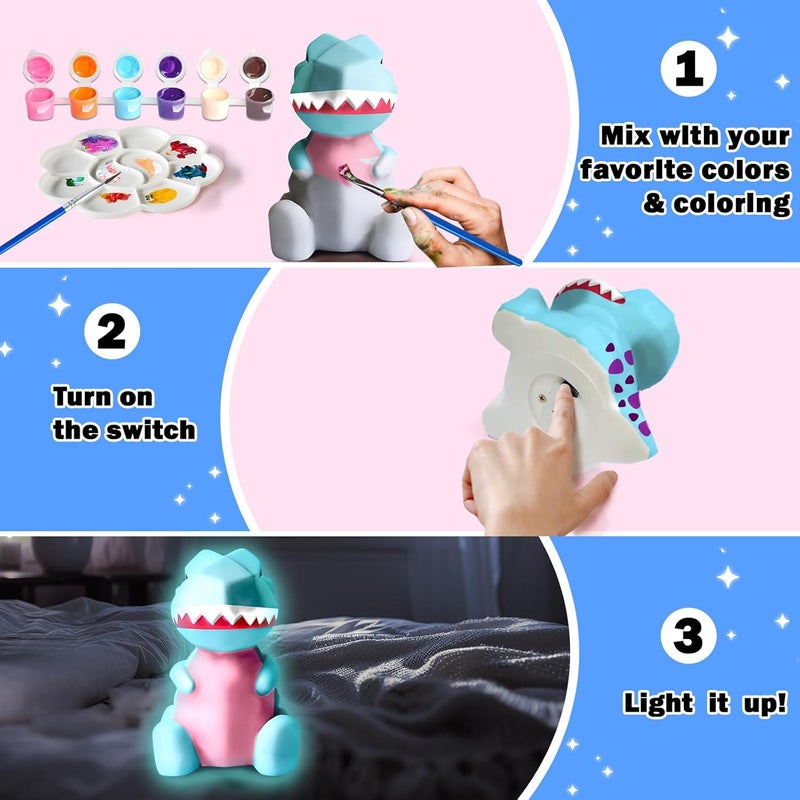 FUNZBO 4.3in Paint Your Own Dinosaur Lamp Kit - Arts and Crafts Supplies Painting Kit for Kids Teens, DIY Night Light Dinosaur Toys for Boys Girls 3 4 5 6 7 8 9 10 11 12 Christmas Birthday Gifts - Image 3
